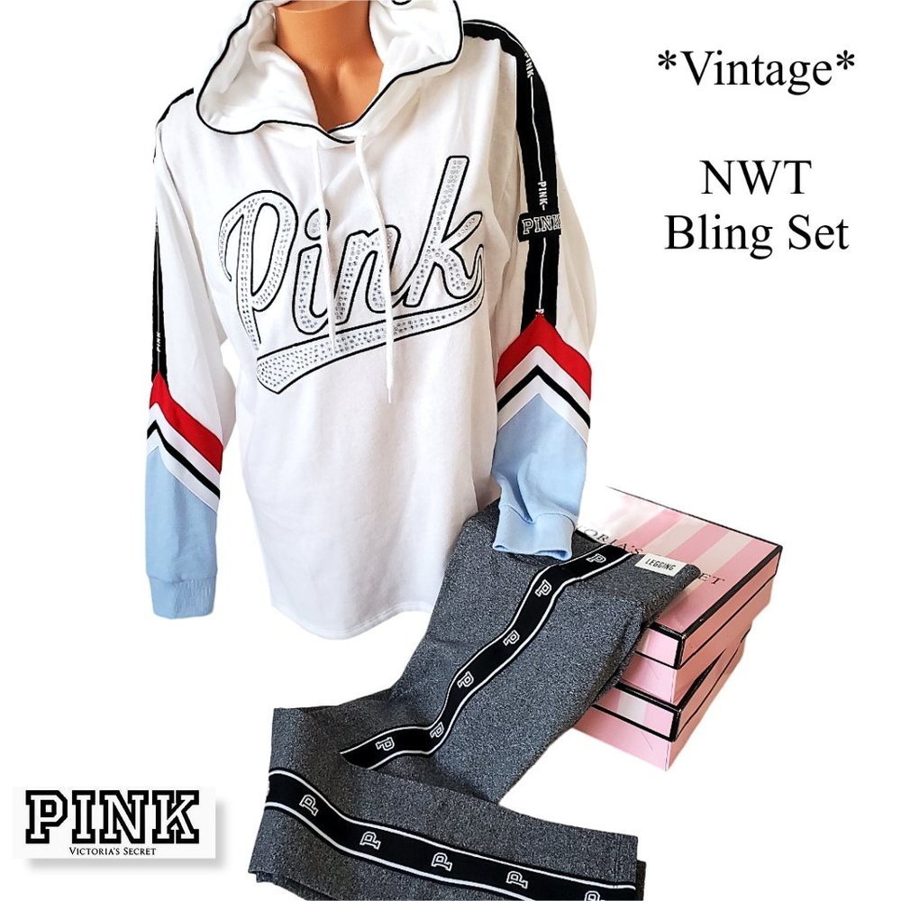 PINK VS Vintage Bling Rhinestones Campus Pullover Hoodie Legging Set Outfit NWT